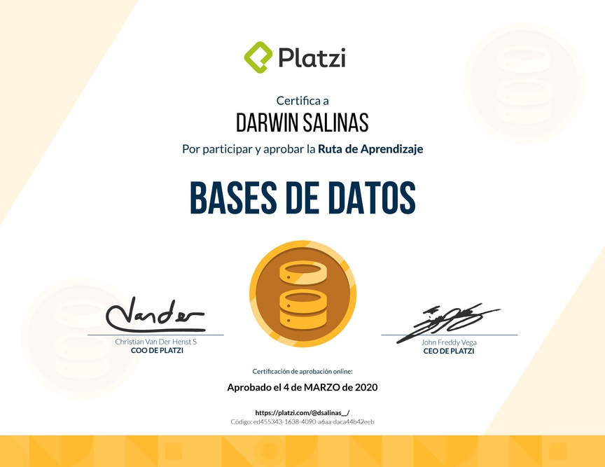 Diploma de la Ruta de Aprendizaje de Bases de datos desde cero
