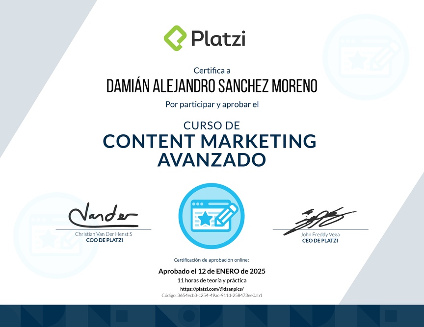 Diploma del Curso de Desarrollo de Estrategias de Content Marketing