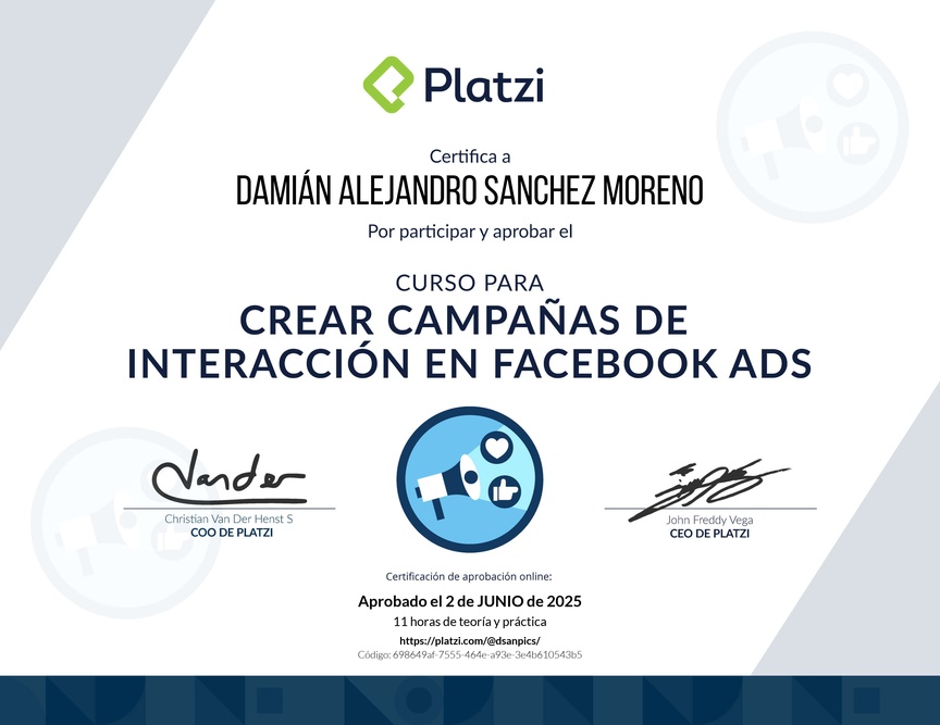 Diploma del Curso de Incremento de Seguidores e Interacción con Facebook Ads