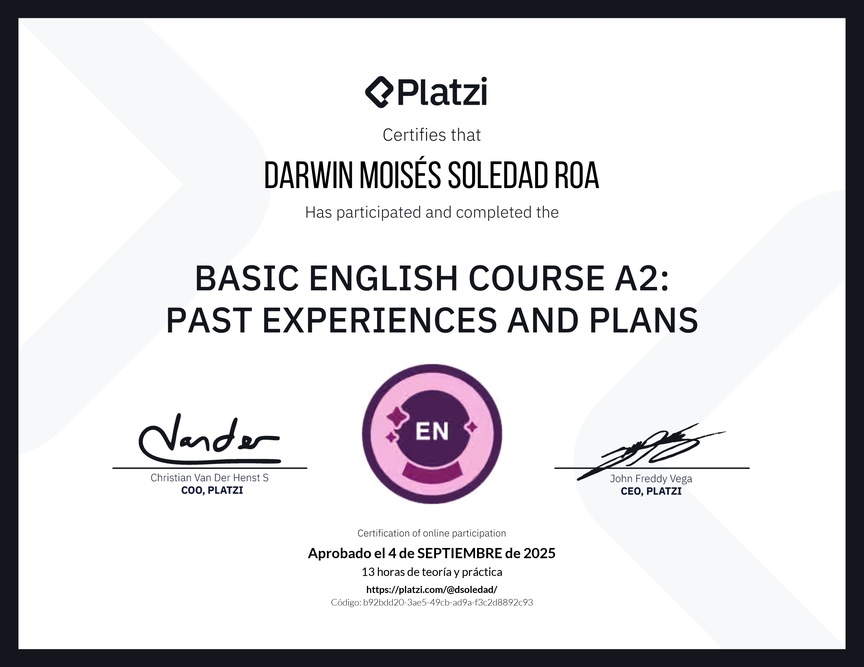 Diploma del Curso de Inglés Básico A2:  Experiencias Pasadas y Planes