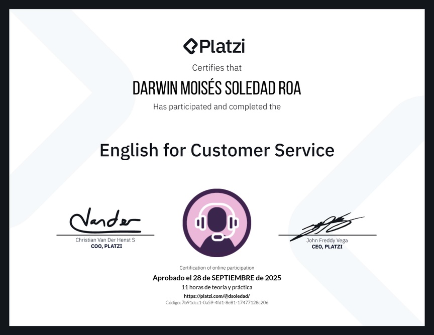 Diploma del Curso de Inglés para Servicio al Cliente