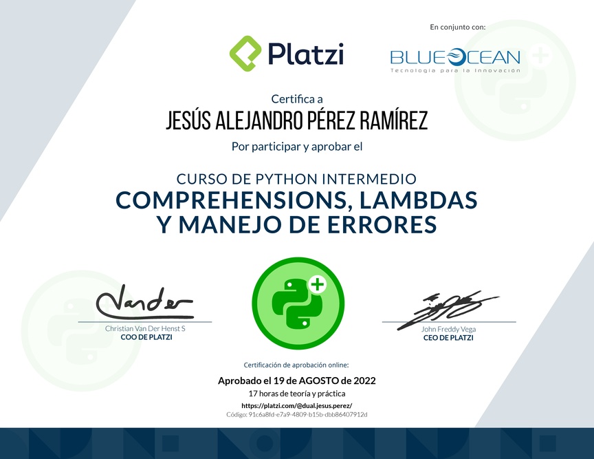 Diploma del Curso de Python Intermedio: Comprehensions, Lambdas y Manejo de Errores