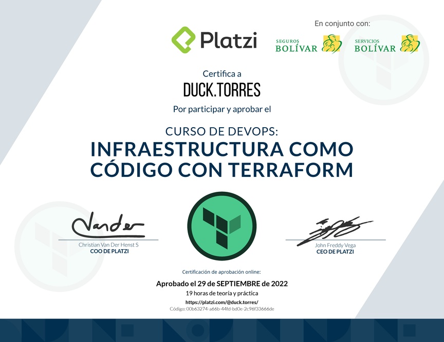 Diploma del Curso de Infraestructura Como Código con Terraform