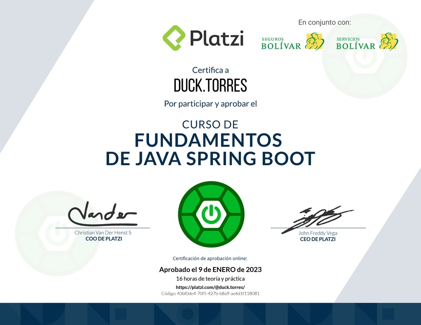 Diploma del Curso de Java: Backend con Spring Boot