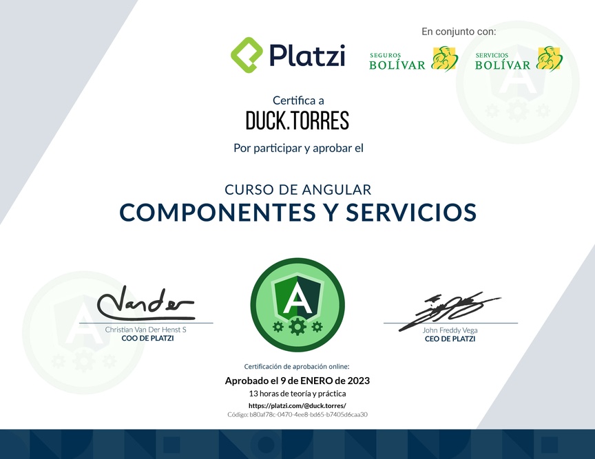 Diploma del Curso de Angular: Componentes y Servicios