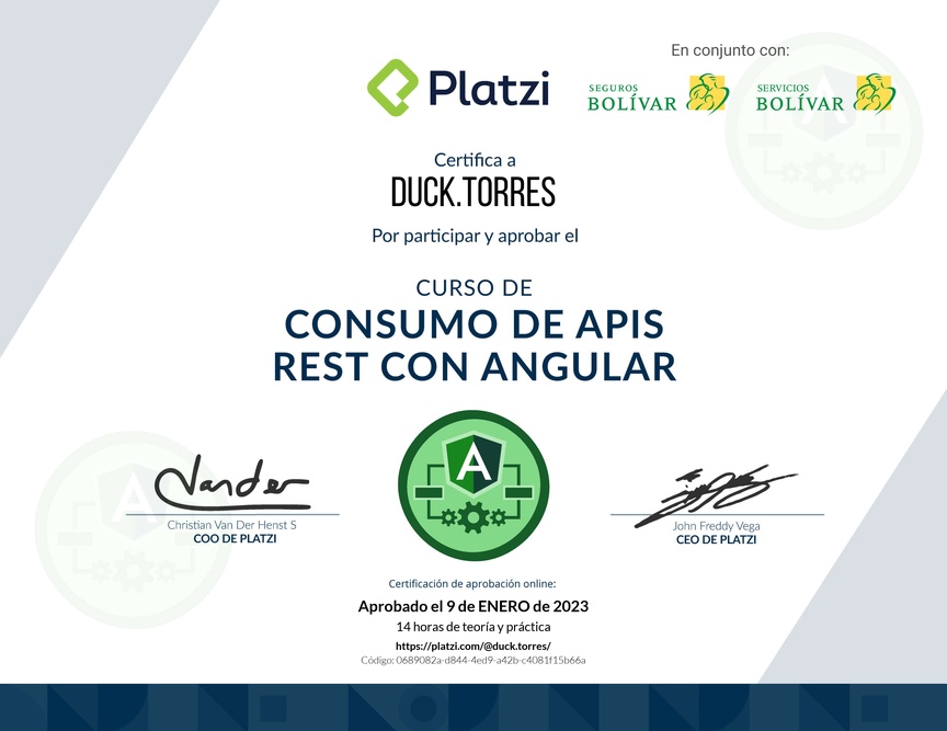 Diploma del Curso de Consumo de APIs REST con Angular