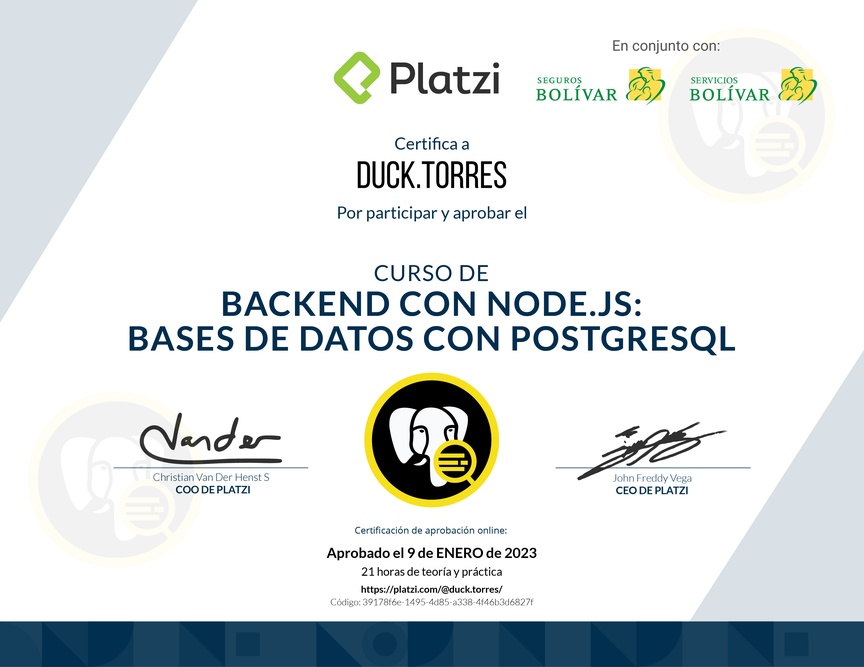 Diploma del Curso de Backend con Node.js: Base de Datos con PostgreSQL