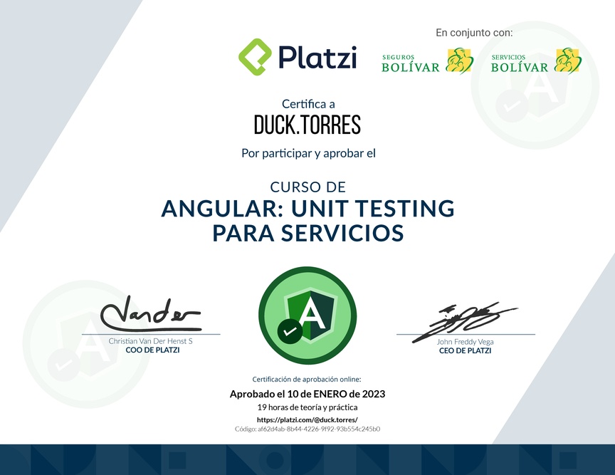 Diploma del Curso de Angular: Unit Testing para Servicios