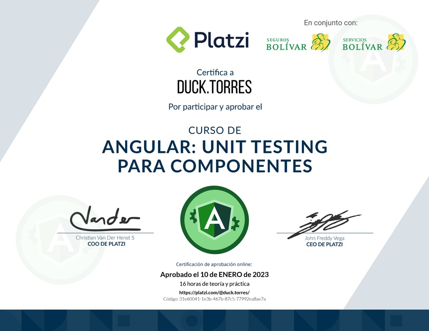 Diploma del Curso de Angular: Unit Testing para Componentes