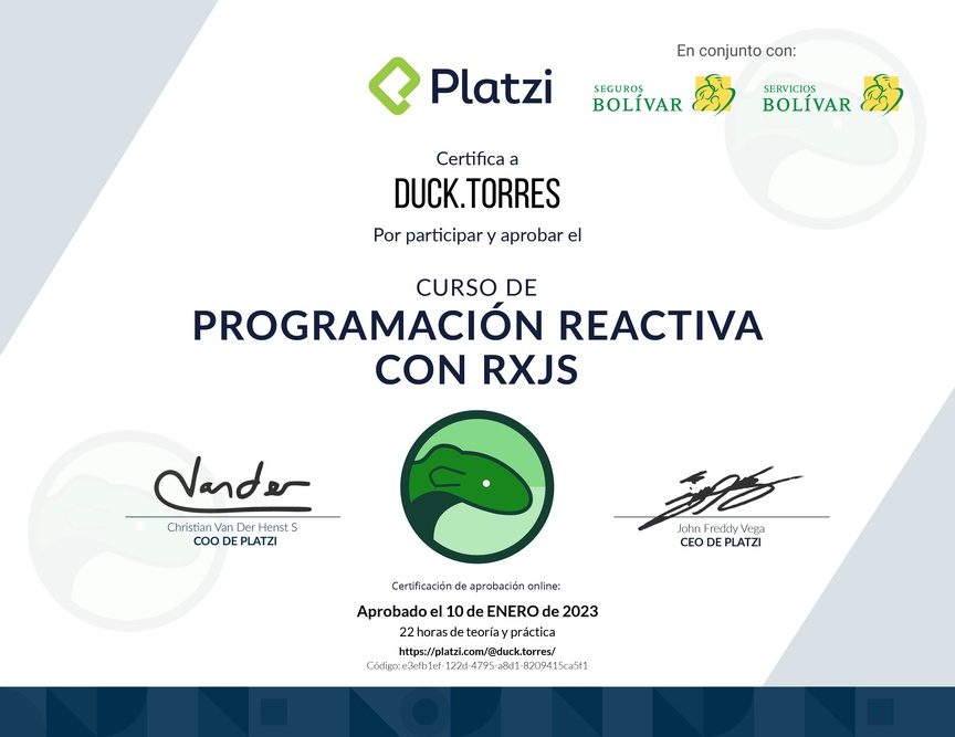 Diploma del Curso de Programación Reactiva con RxJS