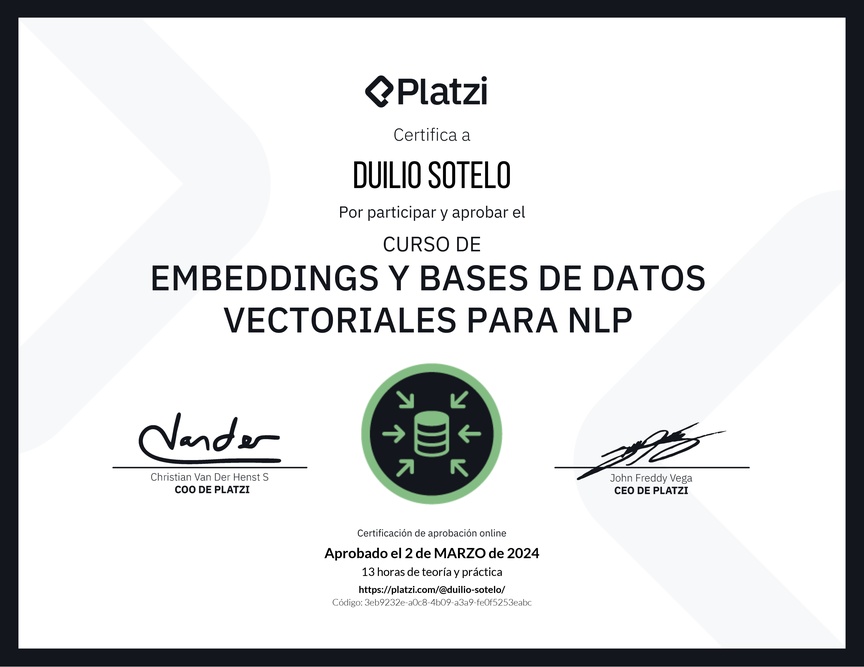 Diploma del Curso de Embeddings y Bases de Datos Vectoriales para NLP
