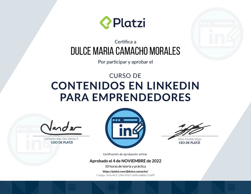 Diploma del Curso de Creación de Contenido en LinkedIn para Emprendedores