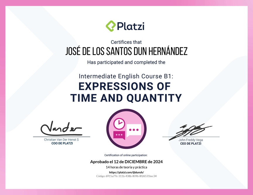Diploma del Curso de Inglés Intermedio B1: Expresiones de Tiempo y Cantidad