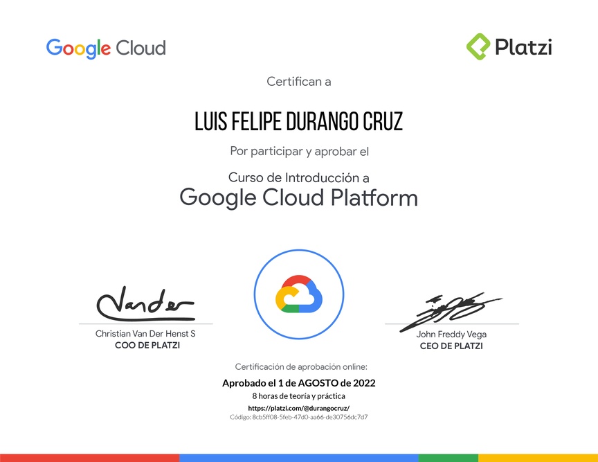 Diploma del Curso de Introducción a Google Cloud Platform