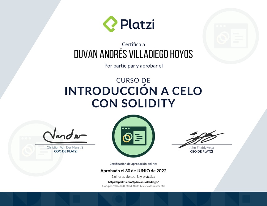 Diploma del Curso de Introducción a Celo con Solidity