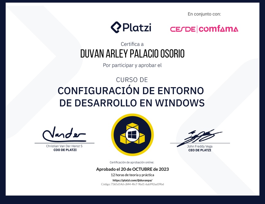 Diploma del Curso de Configuración de Entorno de Desarrollo en Windows