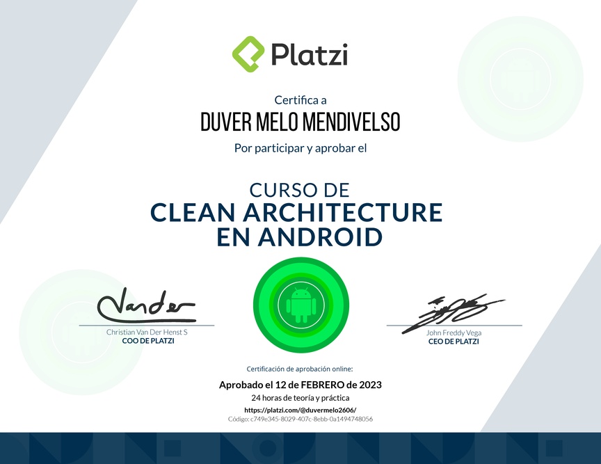 Diploma del Curso de Clean Architecture en Android