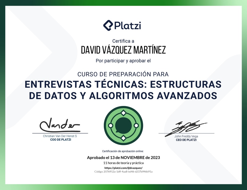 Diploma del Curso de Entrevistas Técnicas: Estructuras de Datos y Algoritmos Avanzados