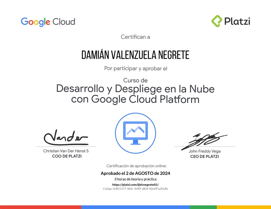 Diploma del Curso de Desarrollo y Despliegue en la Nube con Google Cloud Platform