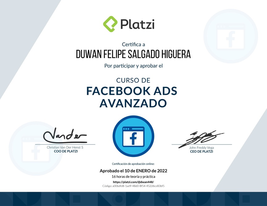 Diploma del Curso de Facebook Ads Avanzado