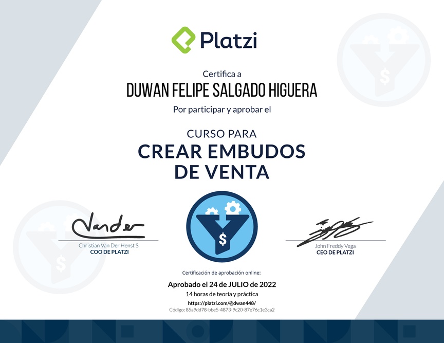 Diploma del Curso de Creación y Optimización de Embudos de Venta (2022)