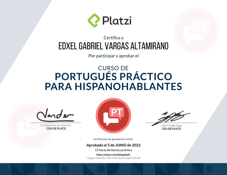 Diploma del Curso Práctico de Portugués para Hispanohablantes