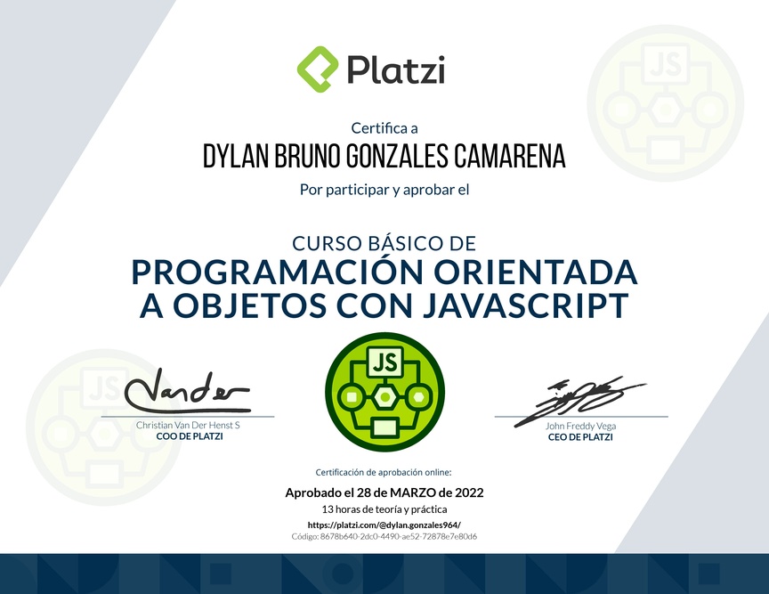 Diploma del Curso Básico de Programación Orientada a Objetos con JavaScript