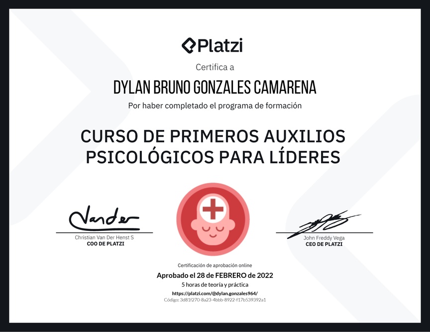 Diploma del Curso de Primeros Auxilios Psicológicos para Líderes