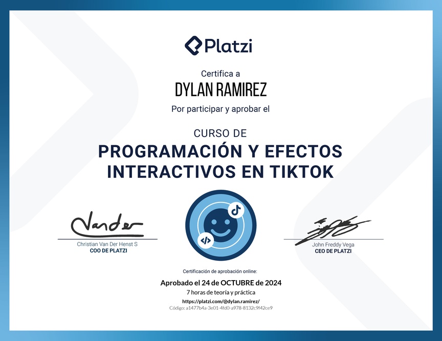 Diploma del Curso de Programación y Efectos Interactivos en TikTok