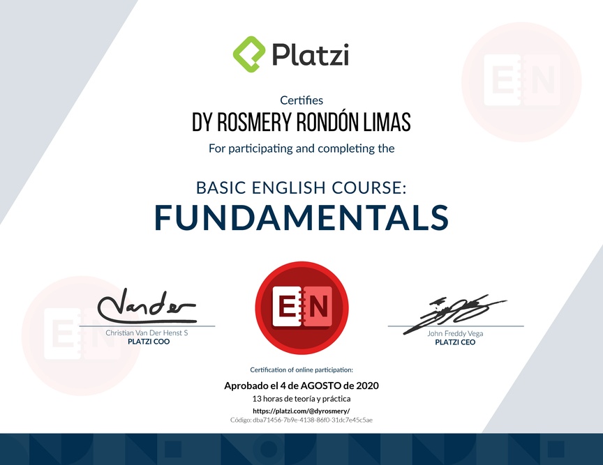 Diploma del Curso de Inglés Básico: Fundamentos 2018