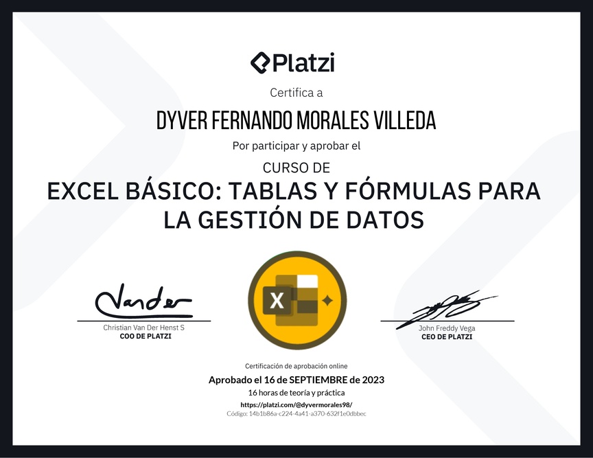 Diploma del Curso de Excel Básico: Tablas y Fórmulas para la Gestión de Datos