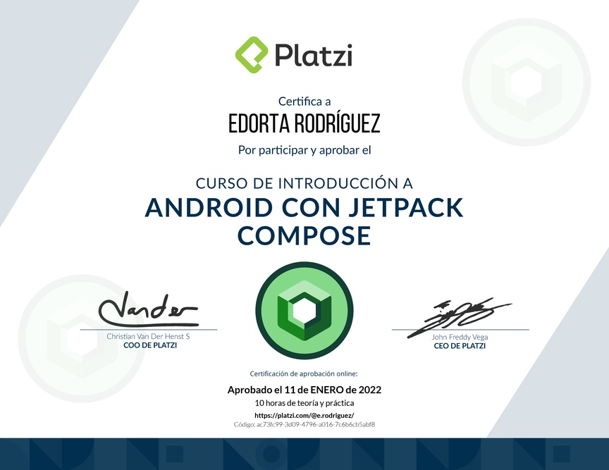 Diploma del Curso de Introducción a Android con Jetpack Compose - 2021