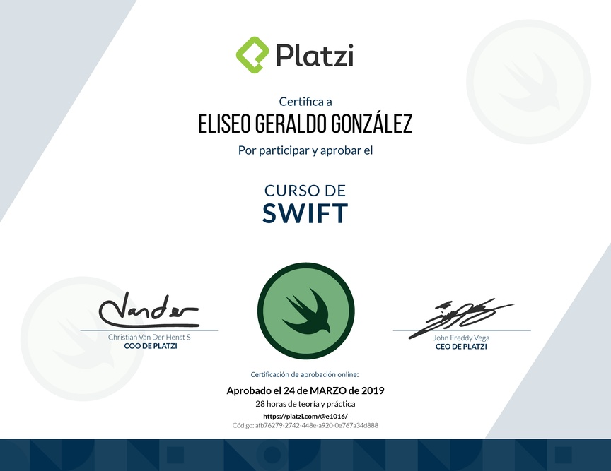 Diploma del Curso de Swift 4 2018