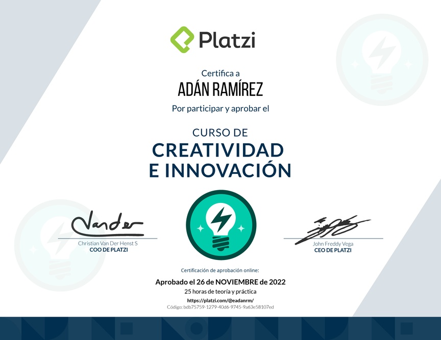 Diploma del Curso de Creatividad e Innovación