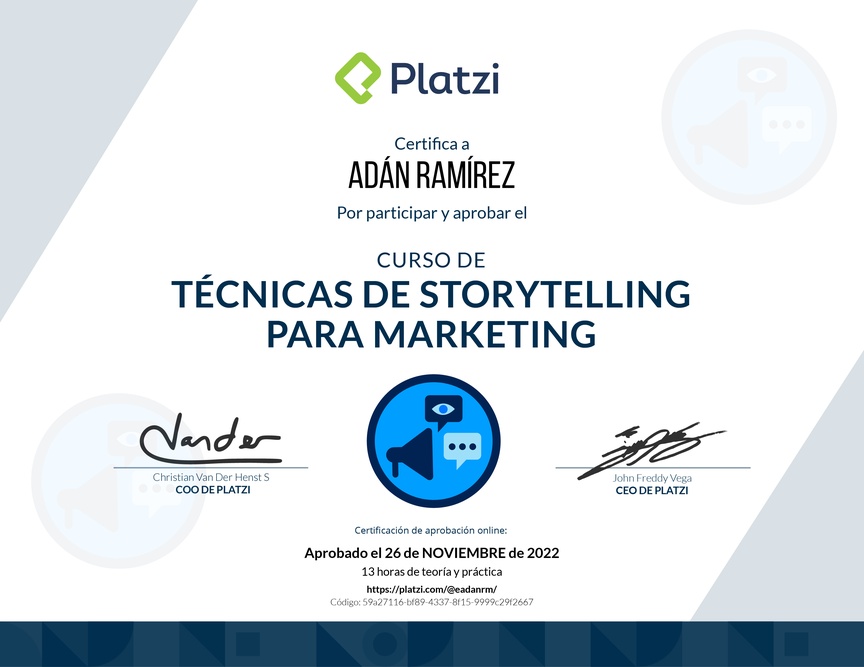 Diploma del Curso de Técnicas de Storytelling para Marketing