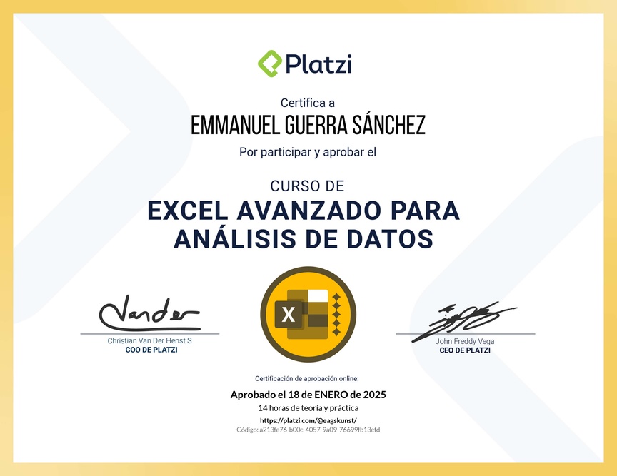 Diploma del Curso de Excel Avanzado para Análisis de Datos