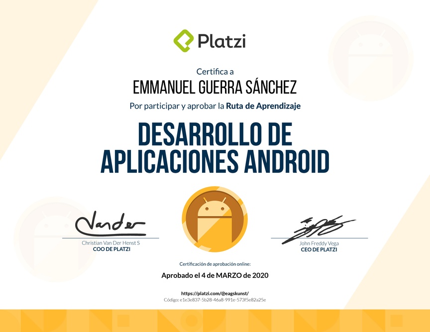 Diploma de la Ruta de Aprendizaje de Desarrollo de Aplicaciones Android