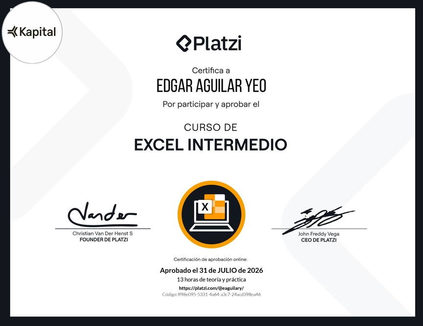 Diploma del Curso de Excel Intermedio
