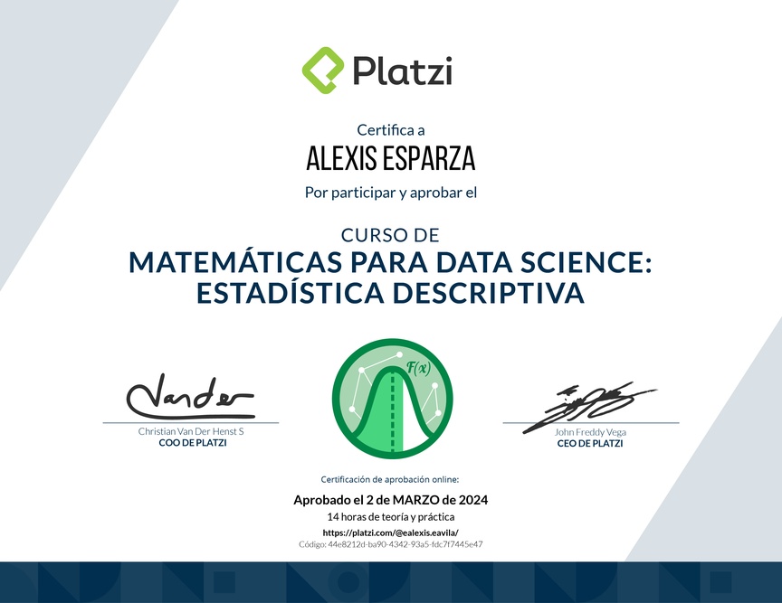 Diploma del Curso de Matemáticas para Data Science: Estadística Descriptiva