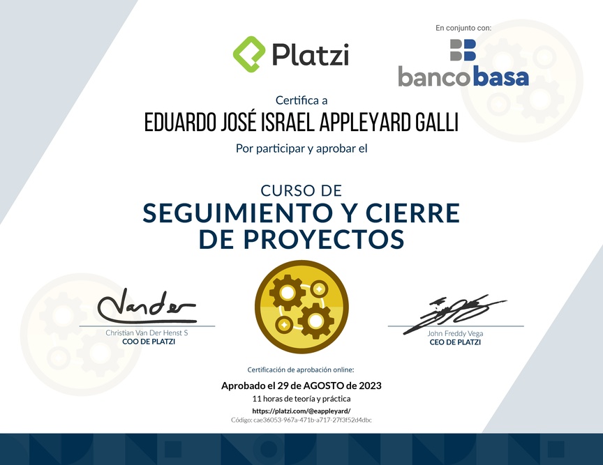 Diploma del Curso de Seguimiento y Cierre de Proyectos