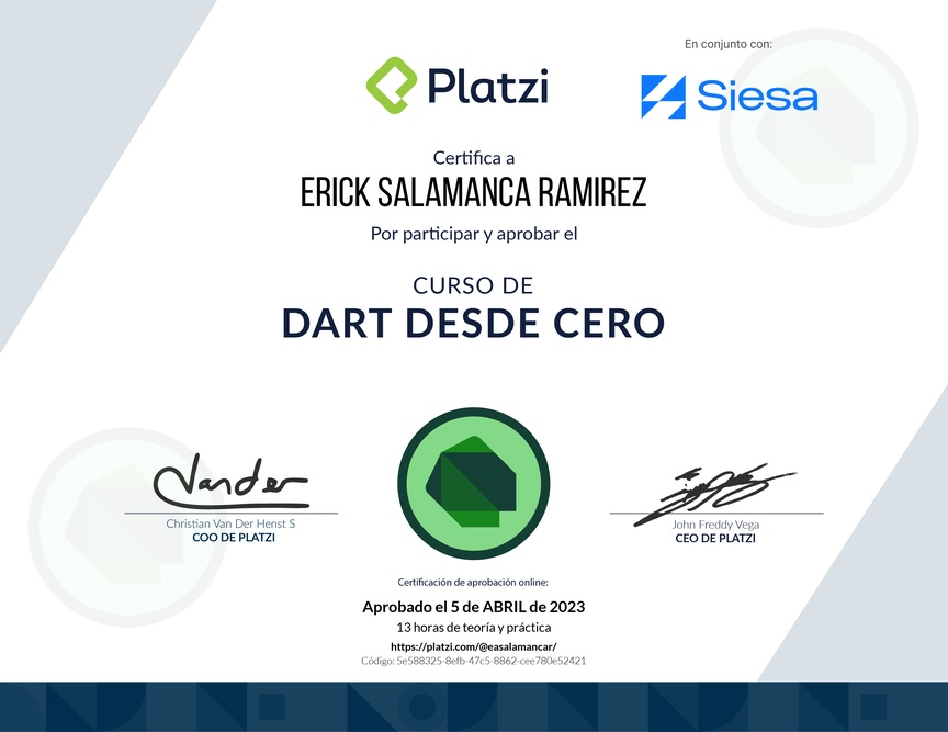 Diploma del Curso de Dart desde Cero