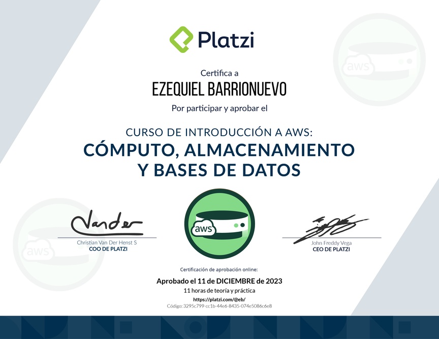 Diploma del Curso de Introducción a AWS: Cómputo, Almacenamiento y Bases de Datos