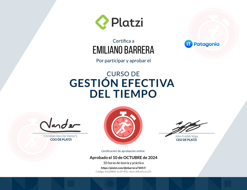 Diploma del Curso de Gestión Efectiva del Tiempo