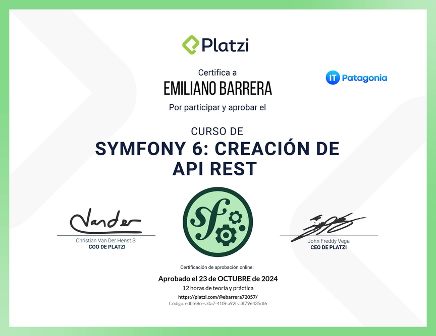 Diploma del Curso de Symfony 6: Creación de API REST