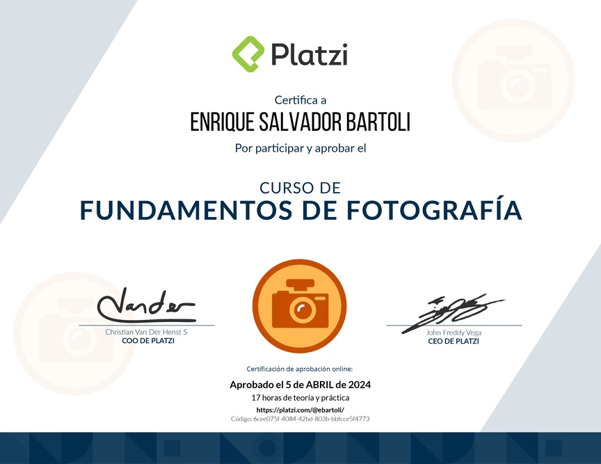 Diploma del Curso de Fotografía: Principios y Técnicas