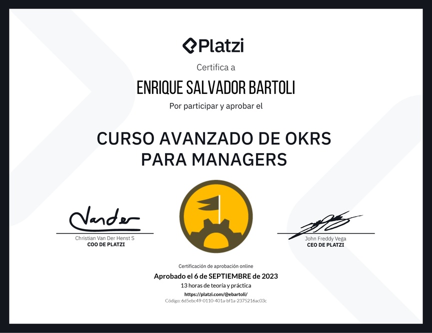 Diploma del Curso Avanzado de OKRs para Managers