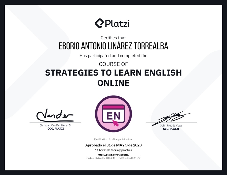 Diploma del Curso Gratis de Estrategias para Aprender Inglés en Línea