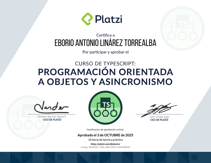 Diploma del Curso de TypeScript: Programación Orientada a Objetos y Asincronismo