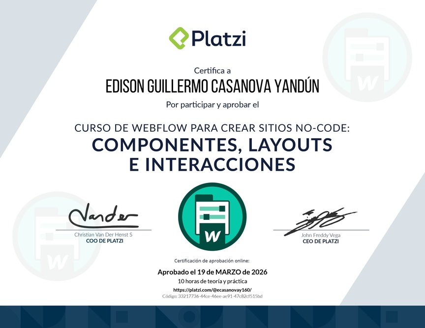 Diploma del Curso de Webflow para Crear Sitios No-code: Componentes, Layouts e Interacciones