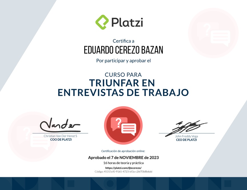 Diploma del Curso para Triunfar en Entrevistas de Trabajo